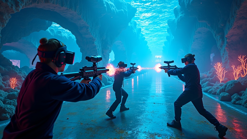 Vista de la arena de juego para Smash Point, la experiencia de paintball virtual en Barcelona de Virtua, con el equipo VR profesional.