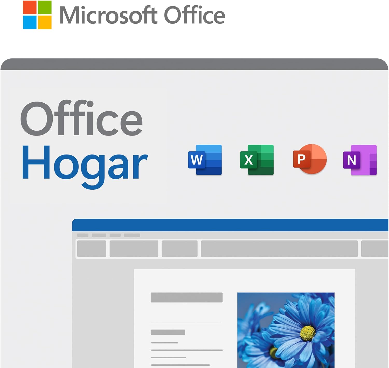 Iconos de Microsoft Office Word, Excel y PowerPoint. Llamada a la acción para comprar la licencia de Office Hogar 2024.