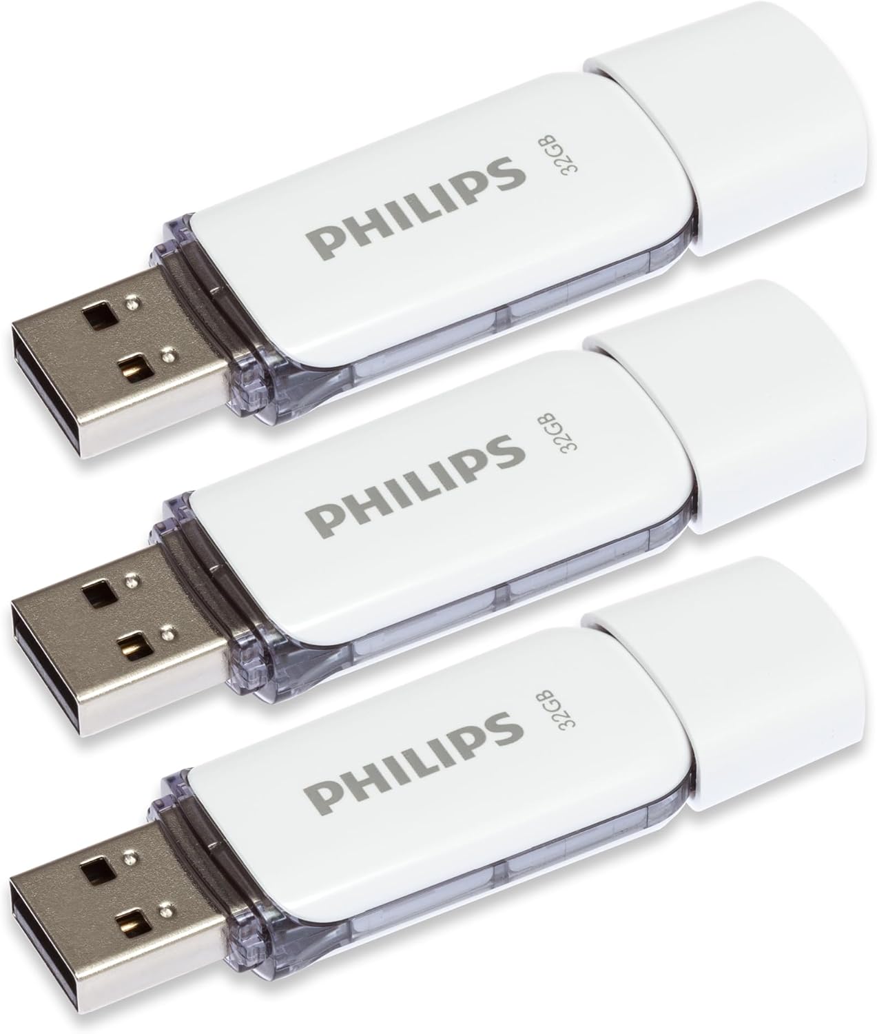 Packshot de las tres memorias USB Philips Snow Edition de 32GB con su empaquetado