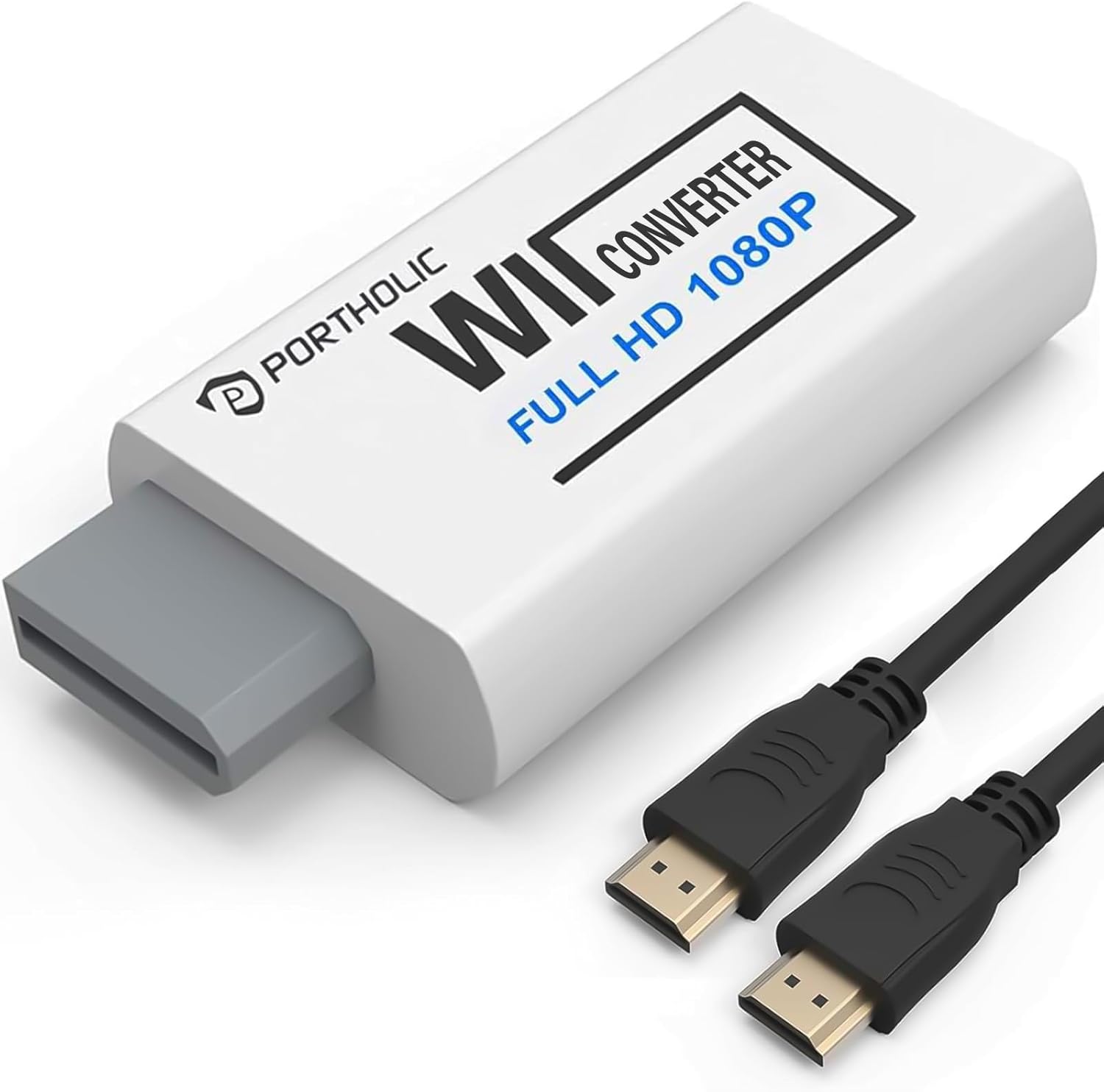Primer plano del adaptador Portholic Wii a HDMI conectado a una consola Nintendo Wii