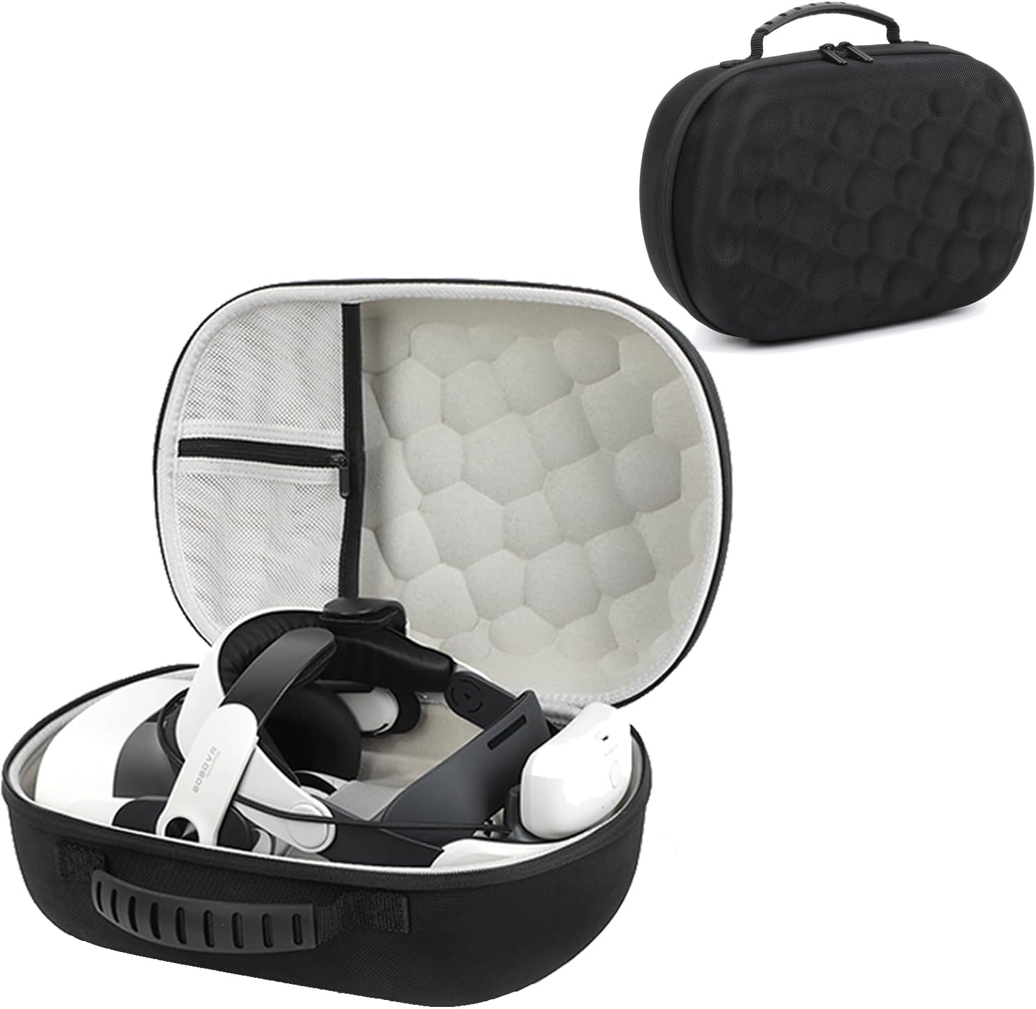 Funda rígida YipuVR para Meta Quest 3, mostrando su robustez y el espacio interior para el visor y los mandos.