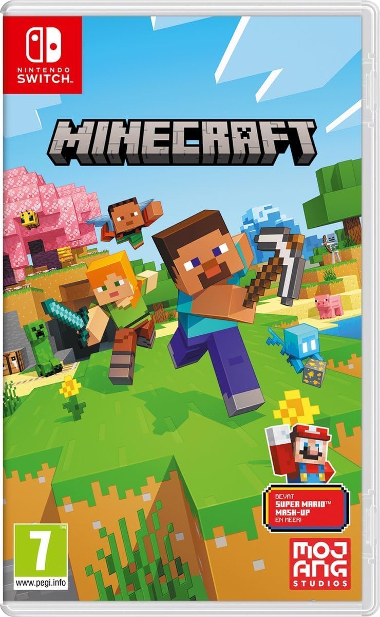 Familia jugando unida a Minecraft en la Nintendo Switch conectada al televisor del salón