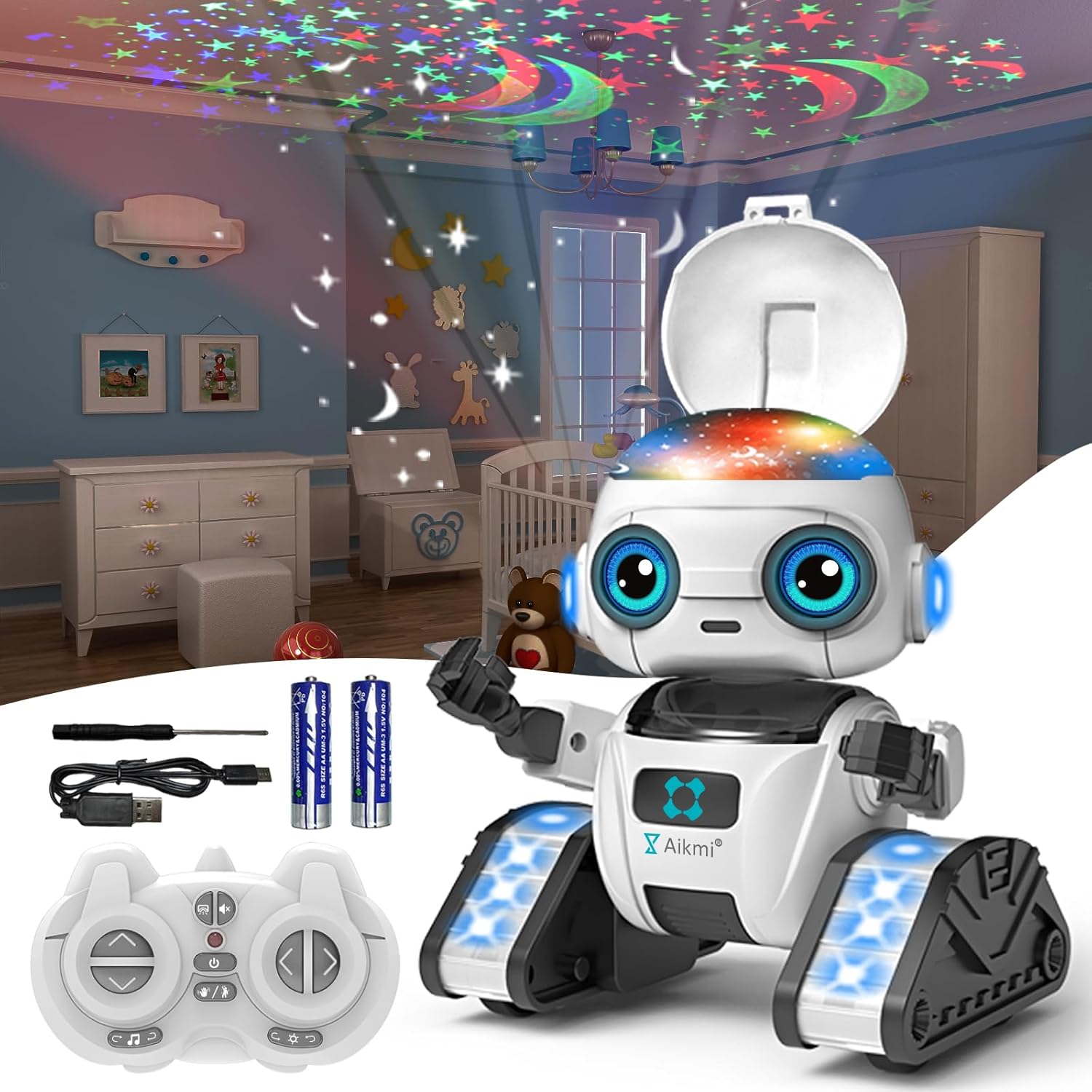 Robot Aikmi con proyector de estrellas encendido, el regalo perfecto para niños