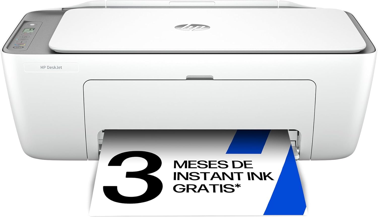 Caja del producto HP DeskJet 2820e mostrando sus funciones multifunción y la promoción de Instant Ink, un punto clave en las opiniones de los clientes