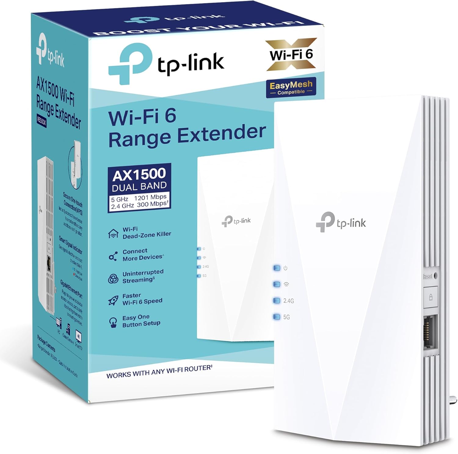 Imagen promocional del repetidor TP-Link RE500X mostrando su diseño y la promesa de una cobertura WiFi total.