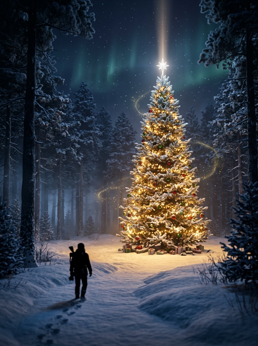 Silhouette facing the giant Christmas tree