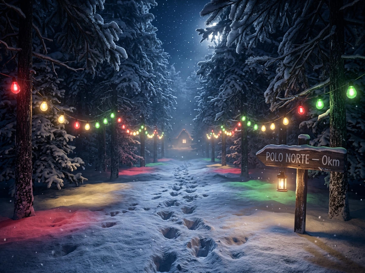 Snowy forest with Christmas lights